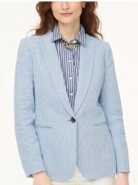 J. Crew Women's Herringbone One-Button Blazer Linen Cotton Sky Blue Size 14